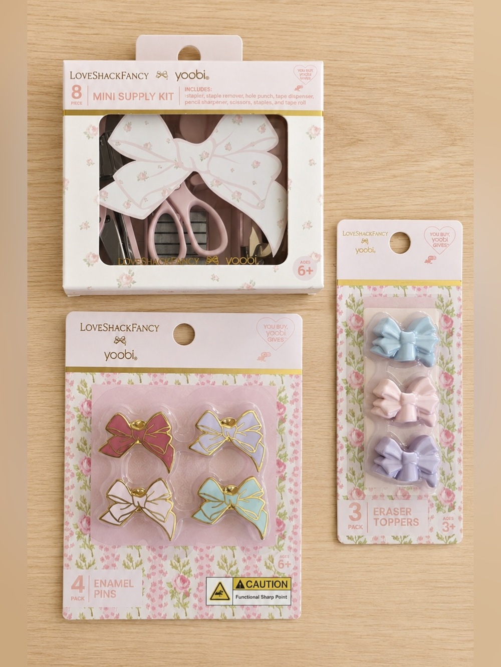 LoveShackFancy Mini Supply Kit , Bow Erasers, 4-Pack Enamel Pins Set